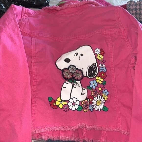 Peanuts Snoopy Woodstock Pink Denim Jacket With Floral Details - Picture 5 of 8
